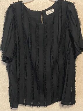 everleigh Black Fringe Vertical Stripe Short Sleeve Blouse